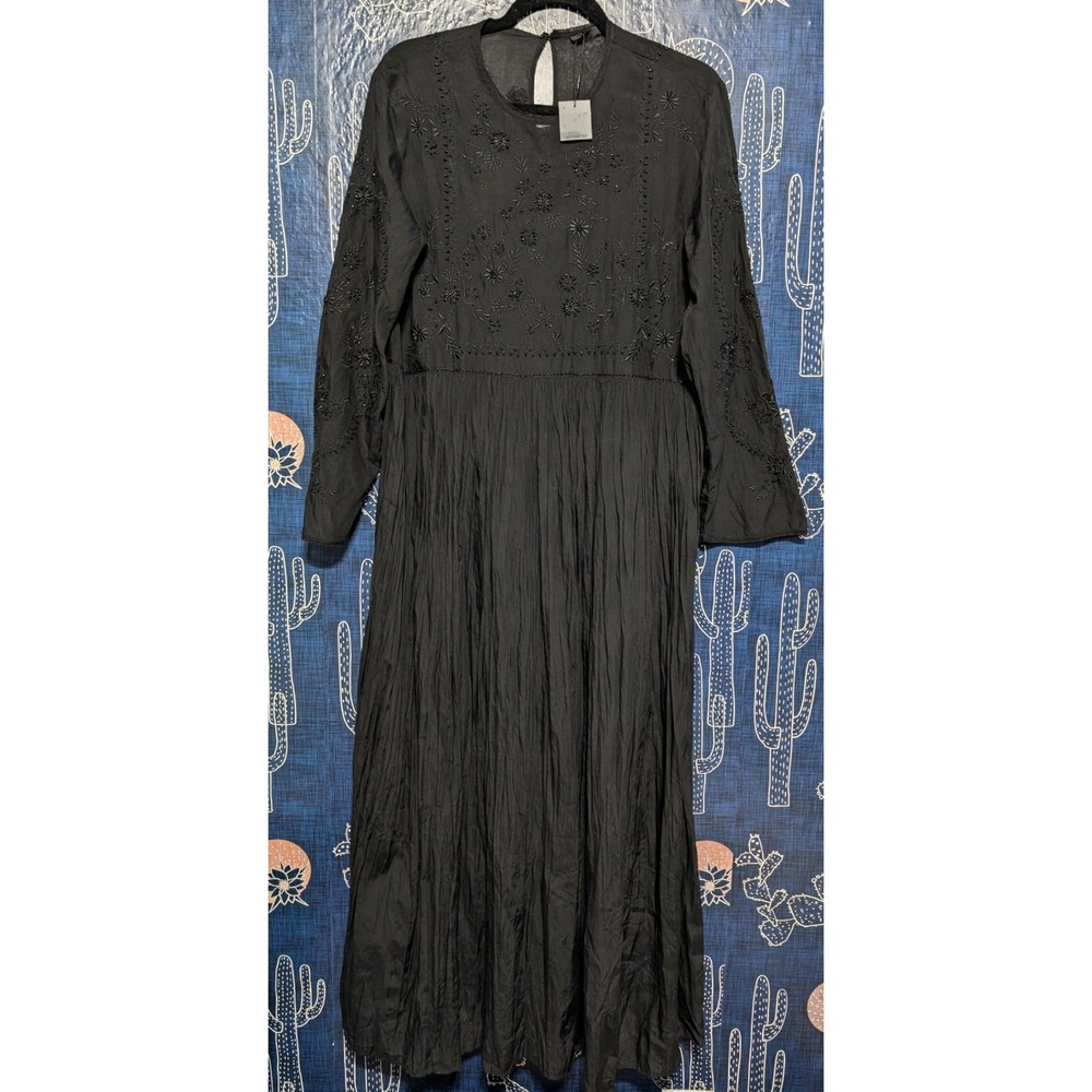 Zara Cotton Blend Embroidered Beaded Long Sleeve Maxi Dress Black Medium - Picture 3 of 12